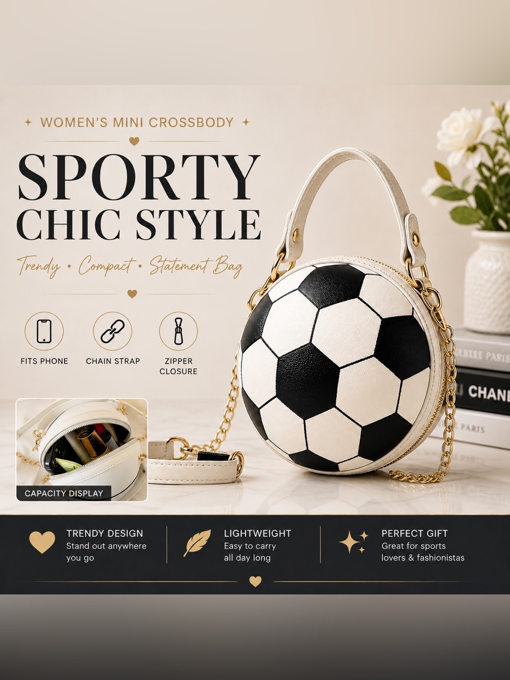 Soccer Ball Crossbody Purse Sporty Chic Statement Bag Gold Chain Mini Bag